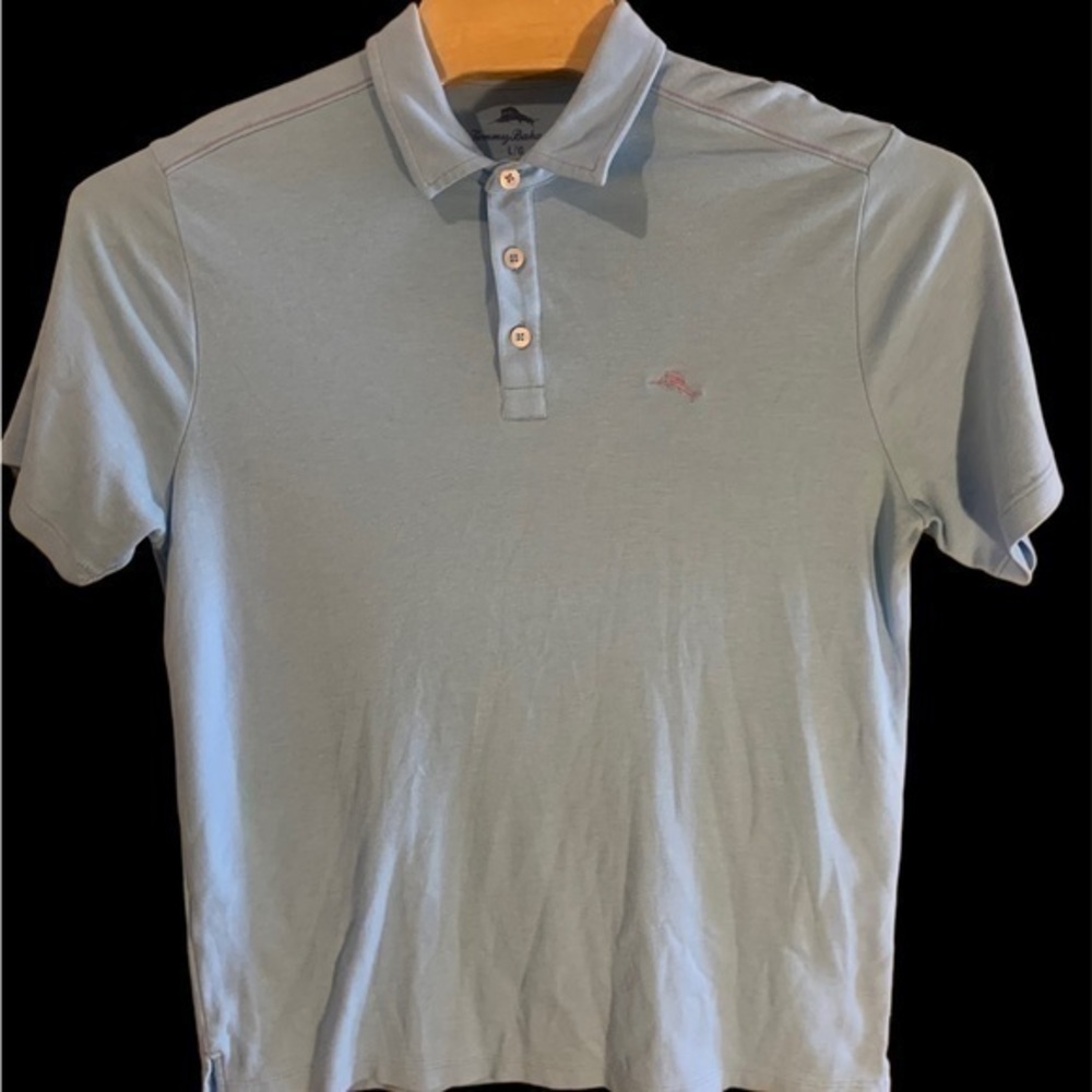 Large Tommy‎ Bahama Light Blue Polo Shirt Pink Marlin pink stitching cotton Mens